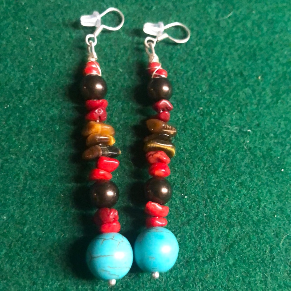 Turquoise and coral with tigers eye and brown pearls earrings.